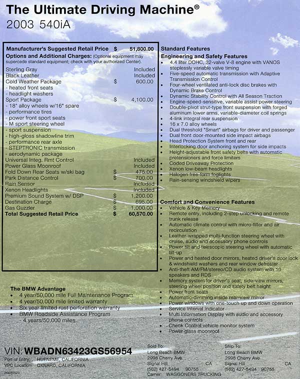 BMW 540 window sticker