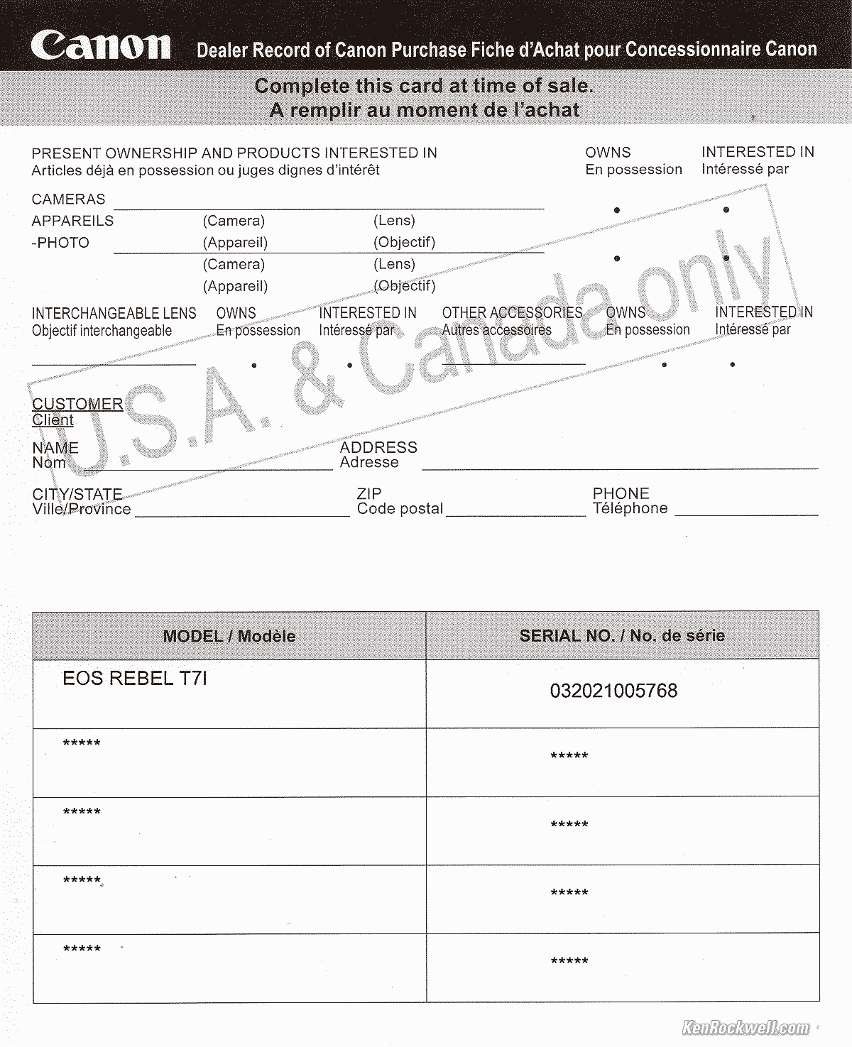 Canon T7i USA Warranty Card