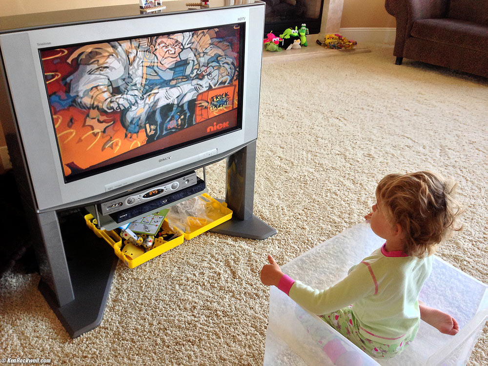 Katie watching TV from her box. 