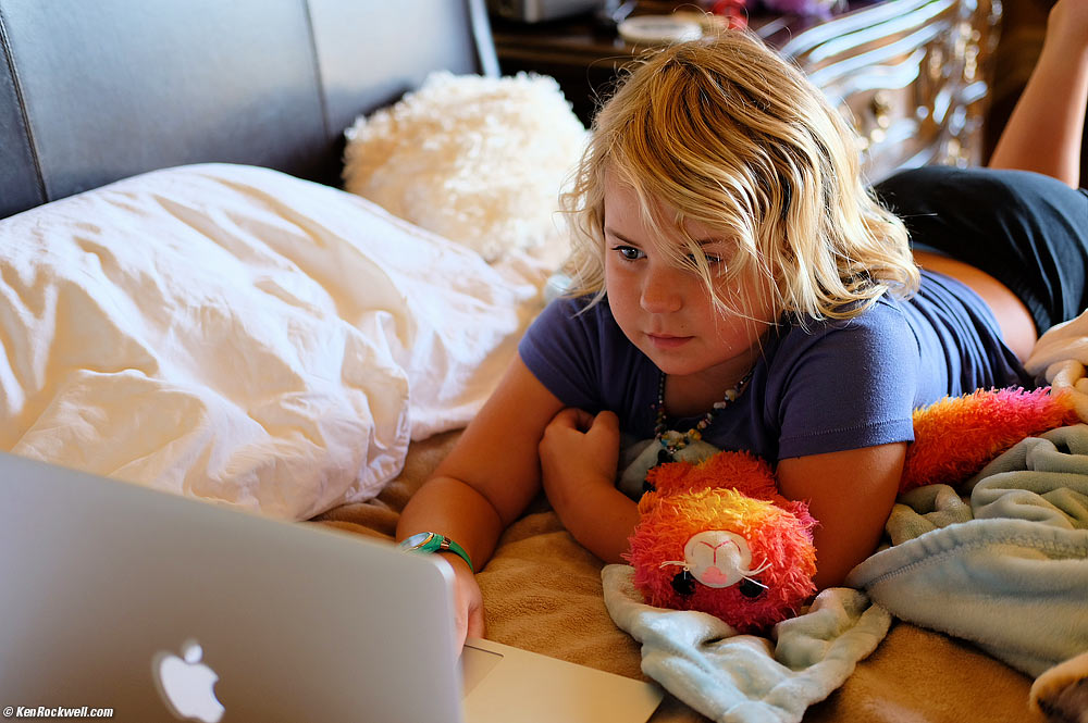 Katie and Gumdrop the Fursian play on a MacBook Air