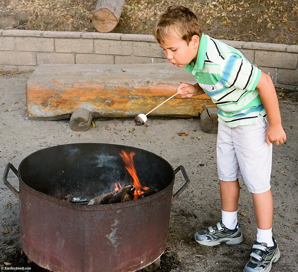 Ryan making s'mores at Lake Arrowhead, 6:23 PM