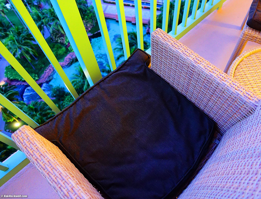 Colorful resort balcony at dusk