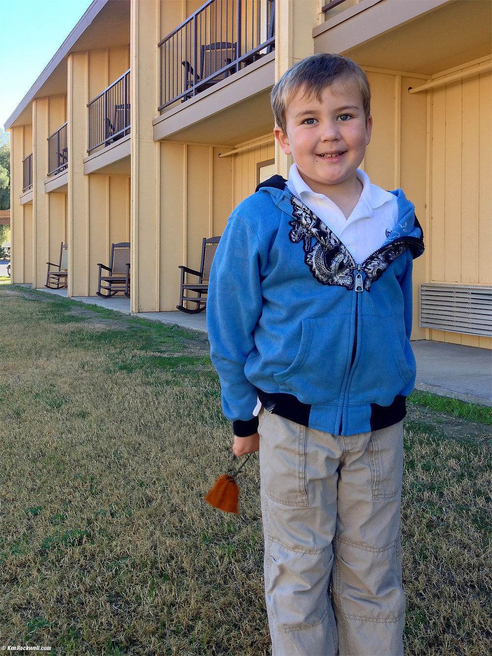 Ryan with his "Fill the Bag" of "Death Valley" magnetic hematite rocks, Furnace Creek Resort, Death Valley, California 8:59 AM. 