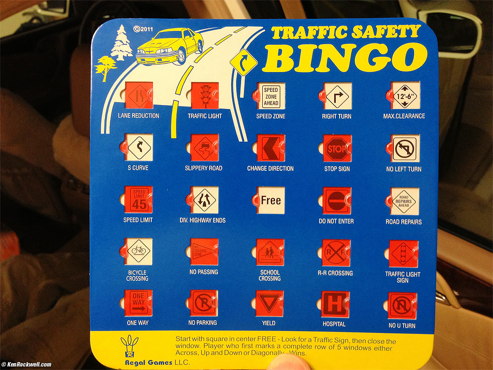 Ryan was very proud of all the things he saw on the drives both to and from Death Valley as marked on his Auto Bingo card, 7:49 PM.