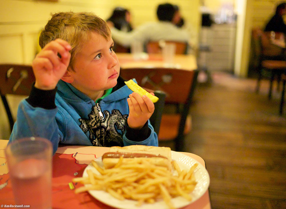 Ryan enjoys his pickle, 49er Cafe, Furnace Creek Ranch, Death Valley, California 7:45 PM