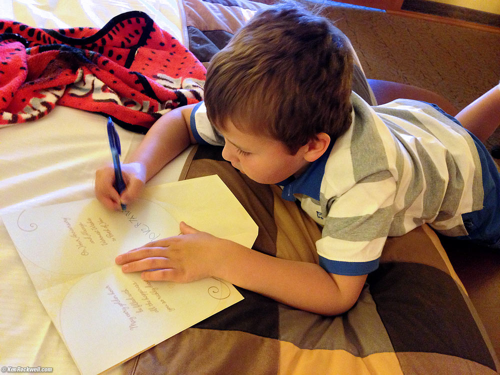 Ryan signs an anniversary card to Noni and Pops, 4:25 PM.