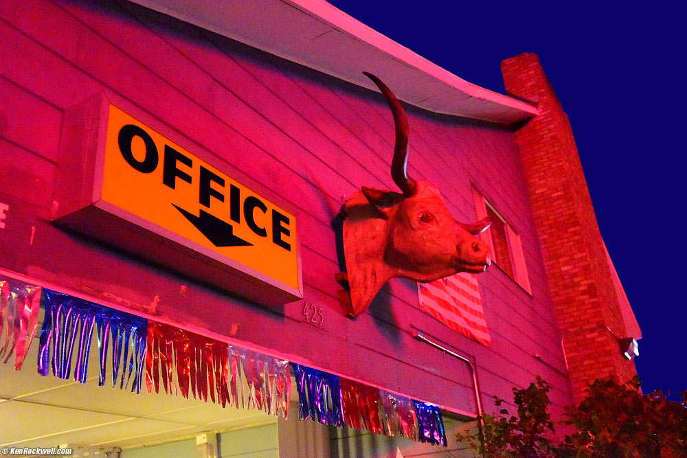 Redwood Motel in Crazy Light after Dusk, Bridgeport, 7:01 PM