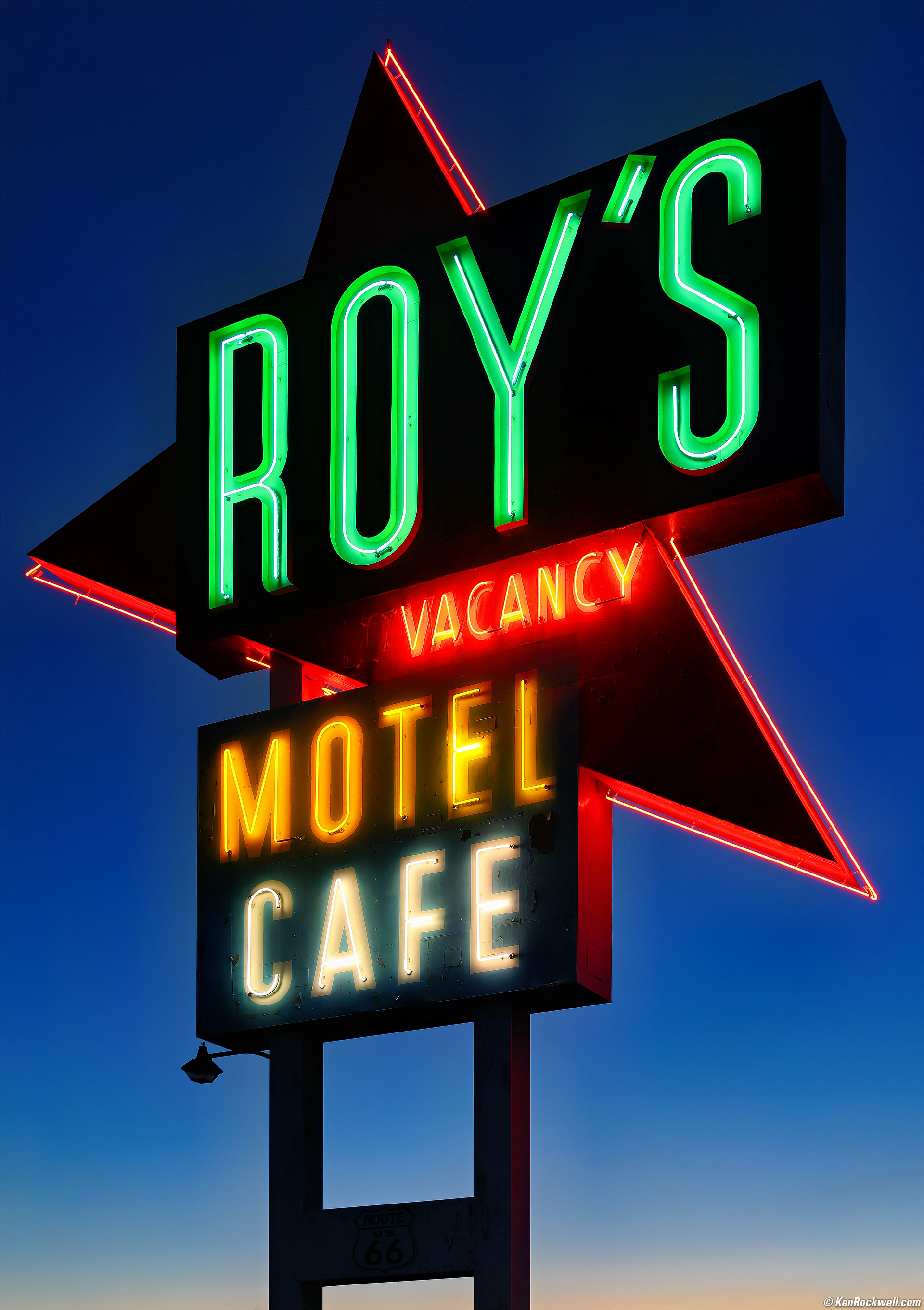 Roy's Neon Sign at Dusk, Amboy, California